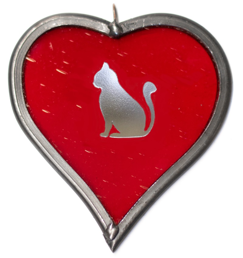 stained glass heart with cat engraving